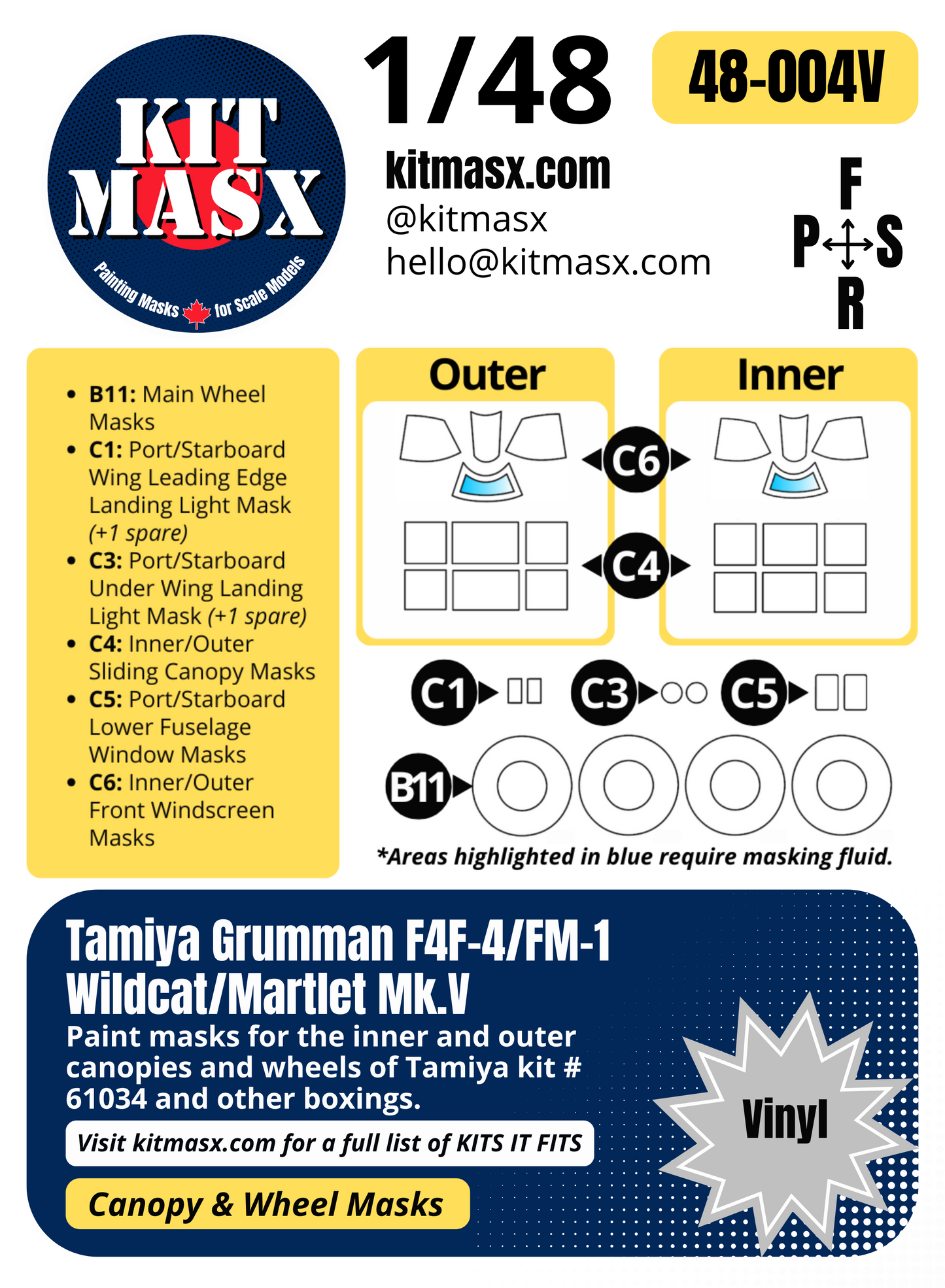 Tamiya Grumman F4F-4/FM-1 Wildcat/Martlet Mk.V 1/48 Canopy & Wheel Paint Masks, Kit # 61034