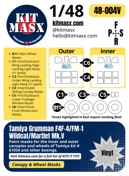 Tamiya Grumman F4F-4/FM-1 Wildcat/Martlet Mk.V 1/48 Canopy & Wheel Paint Masks, Kit # 61034