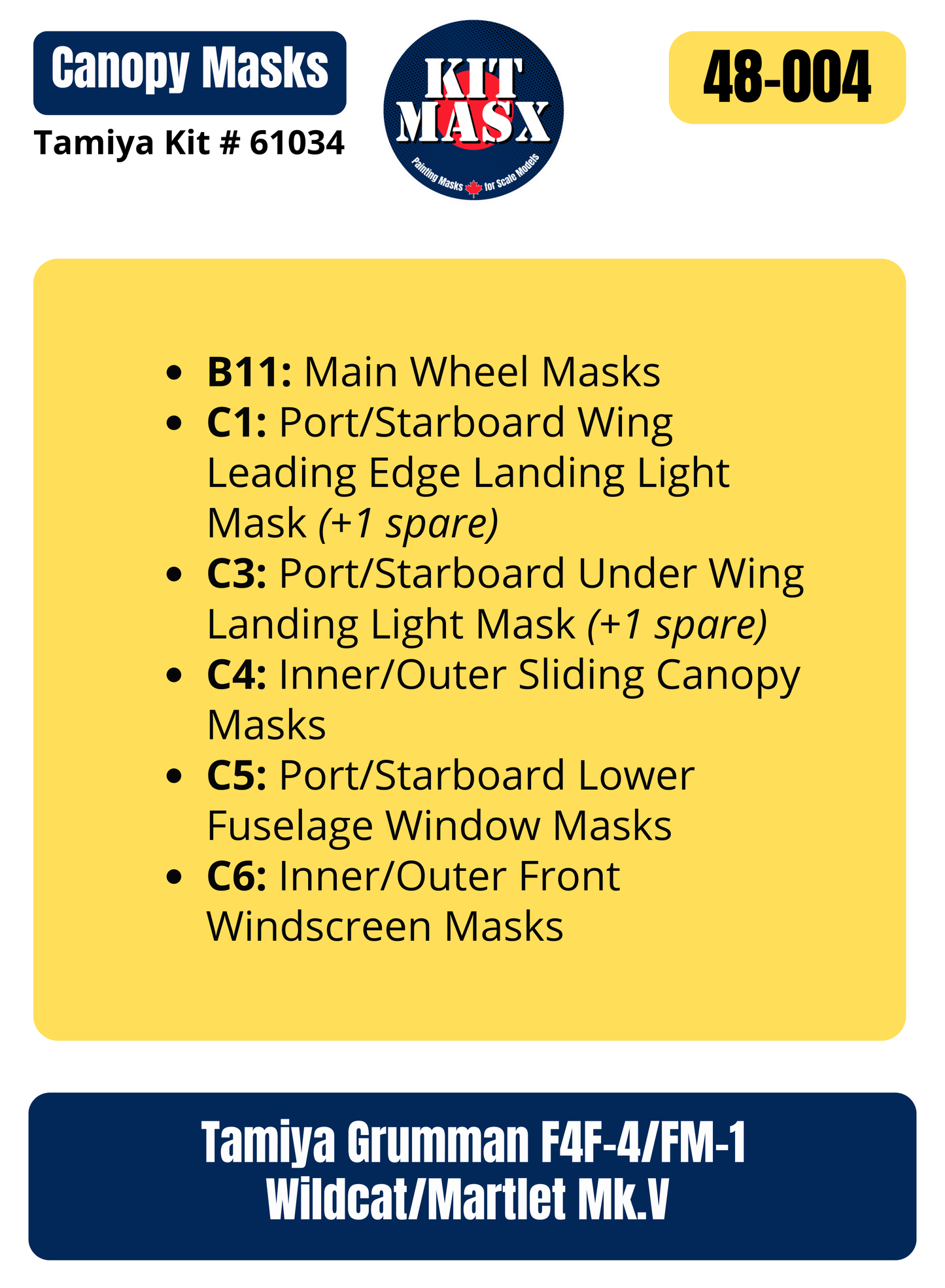 Tamiya Grumman F4F-4/FM-1 Wildcat/Martlet Mk.V 1/48 Canopy & Wheel Paint Masks, Kit # 61034
