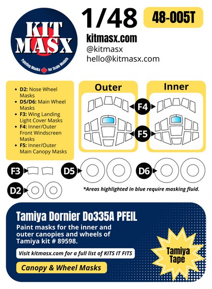 Tamiya Dornier Do335A PFEIL 1/48 Canopy & Wheel Paint Masks, Kit # 89598