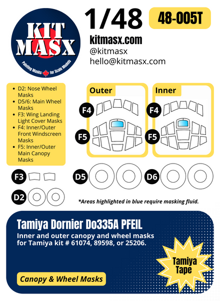 Tamiya Dornier Do335A PFEIL 1/48 Canopy & Wheel Paint Masks, Kit # 89598