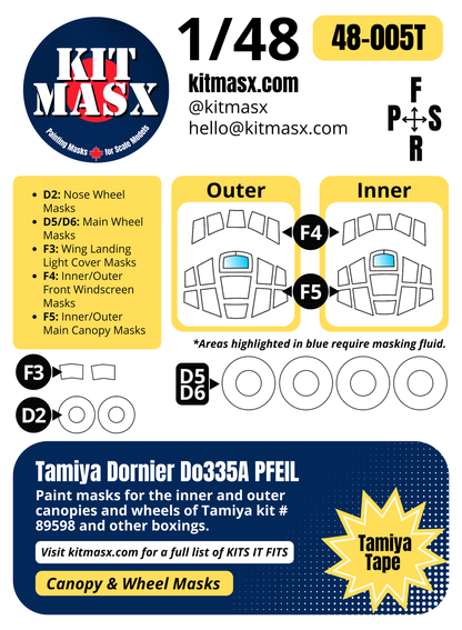 Tamiya Dornier Do335A PFEIL 1/48 Canopy & Wheel Paint Masks, Kit # 89598