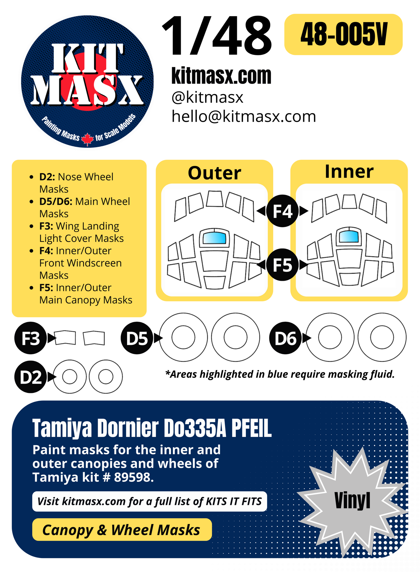 Tamiya Dornier Do335A PFEIL 1/48 Canopy & Wheel Paint Masks, Kit # 89598