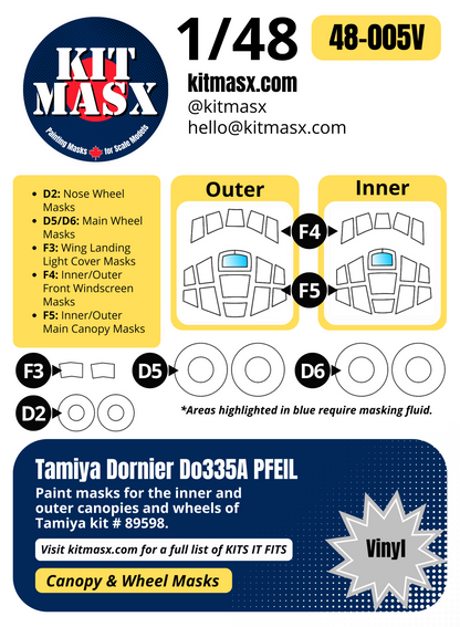 Tamiya Dornier Do335A PFEIL 1/48 Canopy & Wheel Paint Masks, Kit # 89598