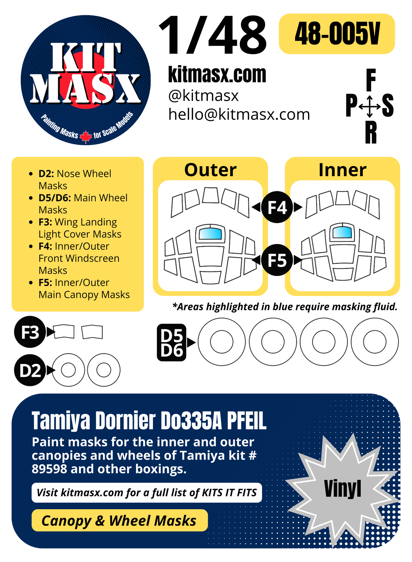Tamiya Dornier Do335A PFEIL 1/48 Canopy & Wheel Paint Masks, Kit # 89598