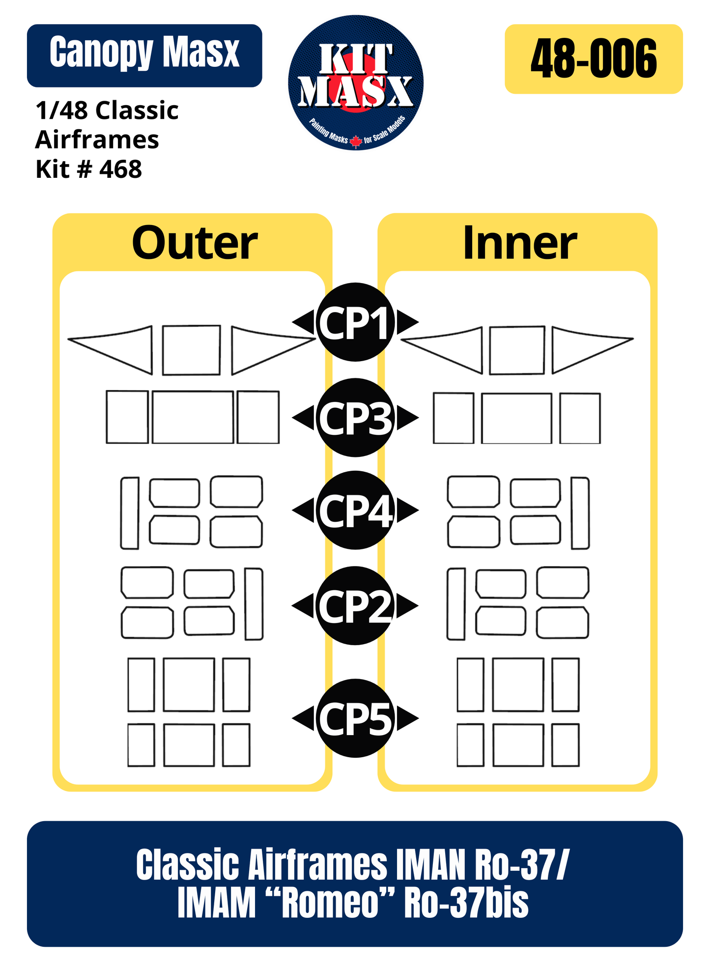Classic Airframes IMAN Ro-37/IMAM "Romeo" Ro-37bis 1/48 Canopy Paint Masks, Kit # 468