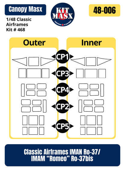 Classic Airframes IMAN Ro-37/IMAM "Romeo" Ro-37bis 1/48 Canopy Paint Masks, Kit # 468