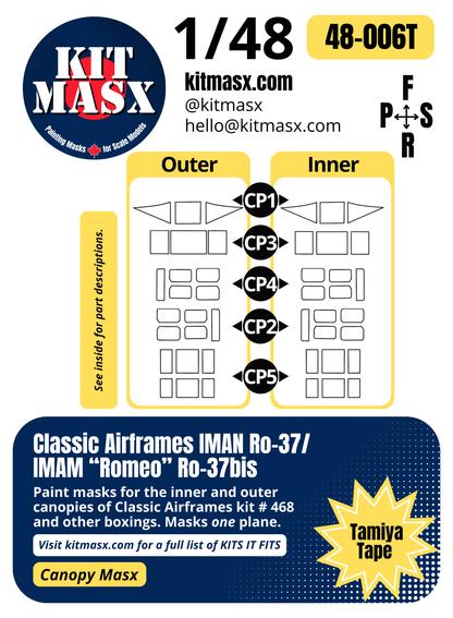 Classic Airframes IMAN Ro-37/IMAM "Romeo" Ro-37bis 1/48 Canopy Paint Masks, Kit # 468