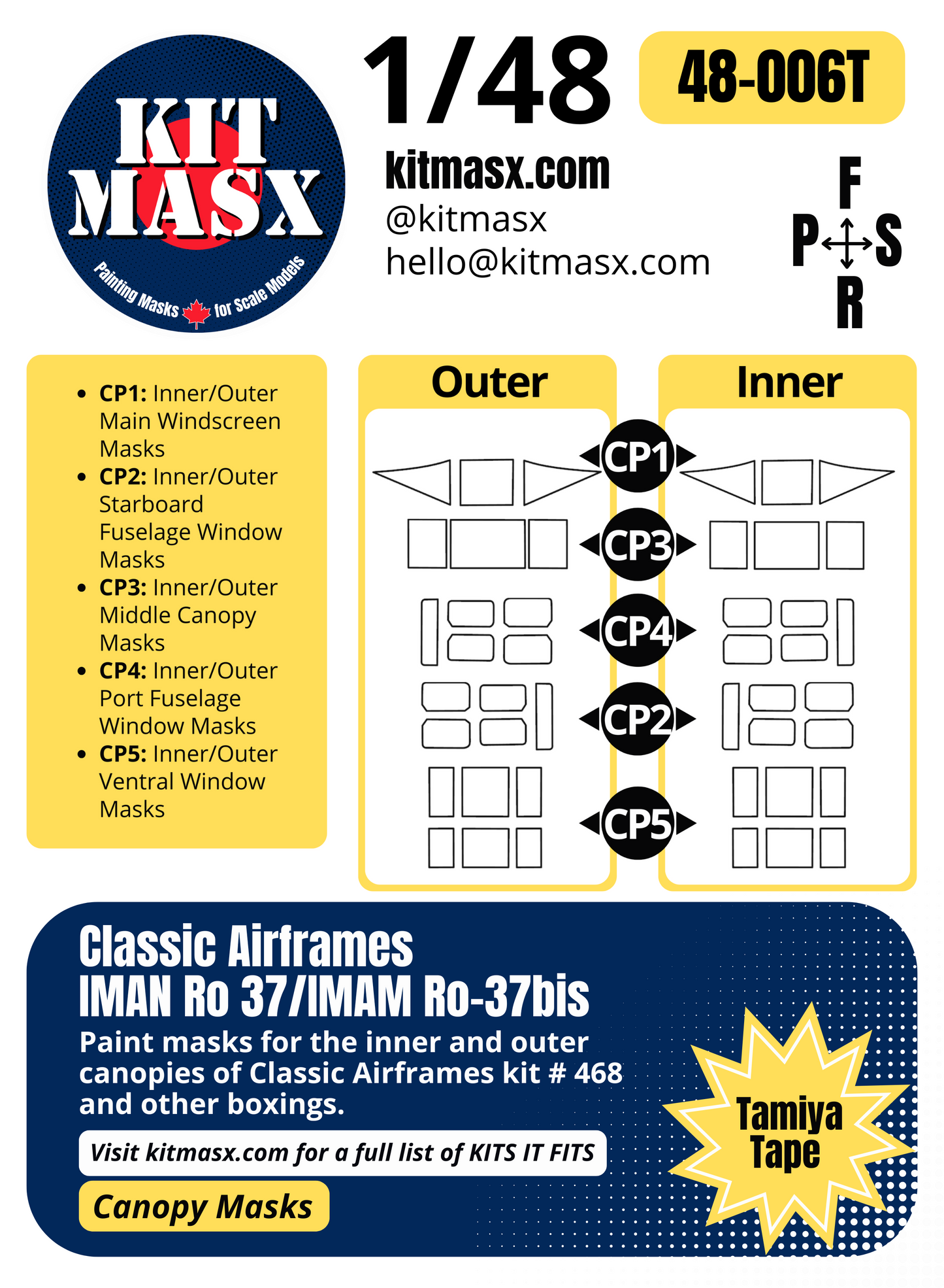 Classic Airframes IMAN Ro 37/IMAM Ro-37bis 1/48 Canopy Paint Masks, Kit # 468