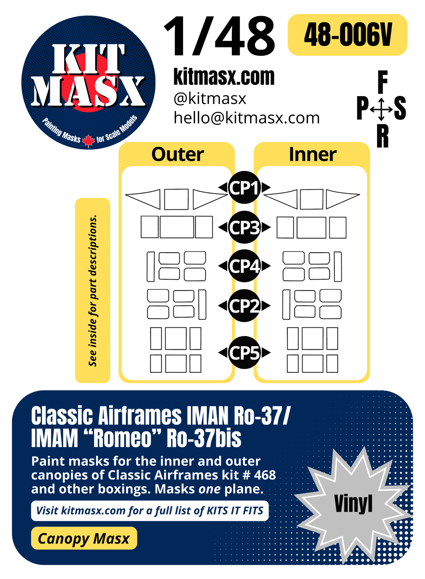 Classic Airframes IMAN Ro-37/IMAM "Romeo" Ro-37bis 1/48 Canopy Paint Masks, Kit # 468