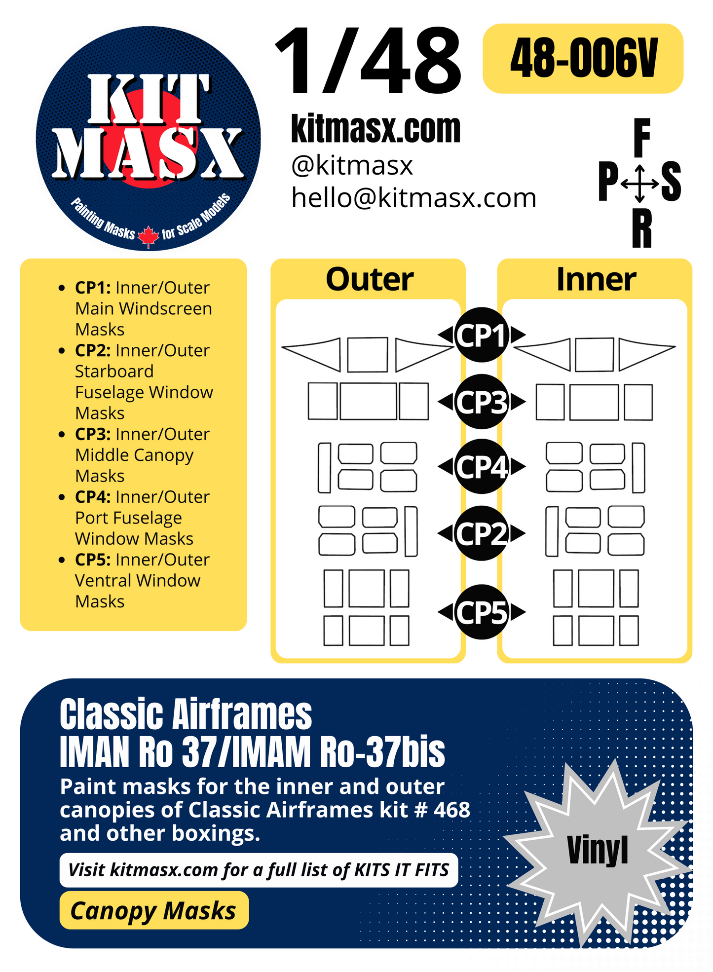 Classic Airframes IMAN Ro 37/IMAM Ro-37bis 1/48 Canopy Paint Masks, Kit # 468