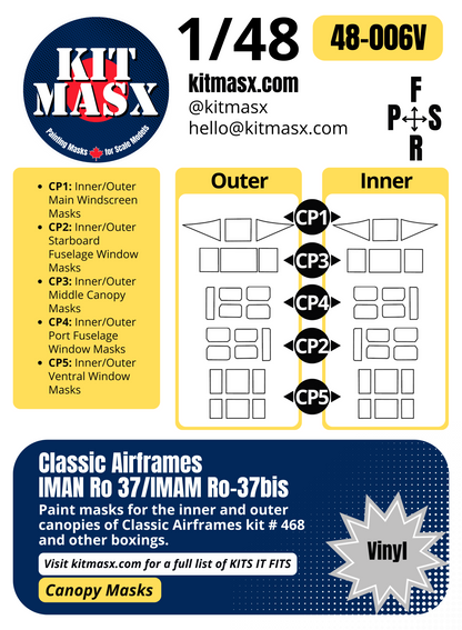 Classic Airframes IMAN Ro 37/IMAM Ro-37bis 1/48 Canopy Paint Masks, Kit # 468