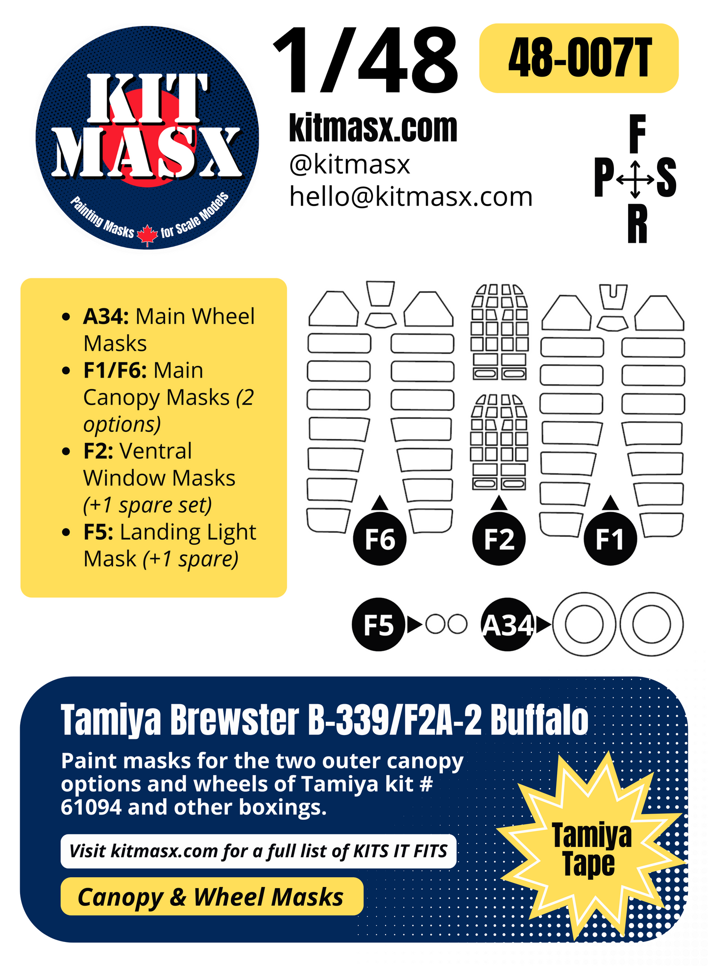 Tamiya Brewster B-339/F2A-2 Buffalo 1/48 Canopy & Wheel Paint Masks, Kit 61094