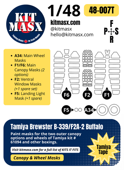 Tamiya Brewster B-339/F2A-2 Buffalo 1/48 Canopy & Wheel Paint Masks, Kit 61094