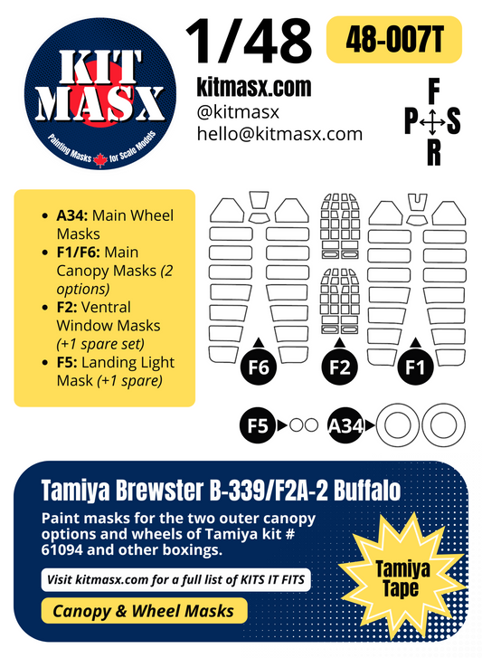 Tamiya Brewster B-339/F2A-2 Buffalo 1/48 Canopy & Wheel Paint Masks, Kit 61094