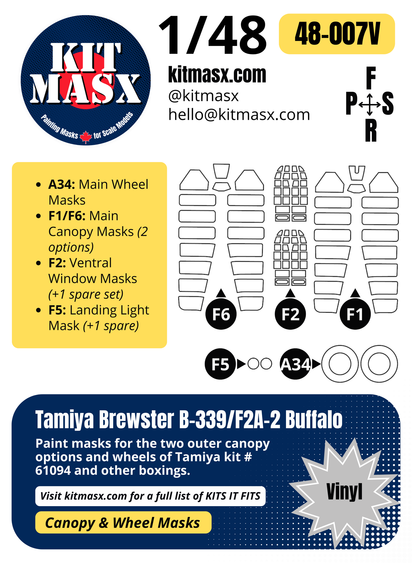 Tamiya Brewster B-339/F2A-2 Buffalo 1/48 Canopy & Wheel Paint Masks, Kit 61094