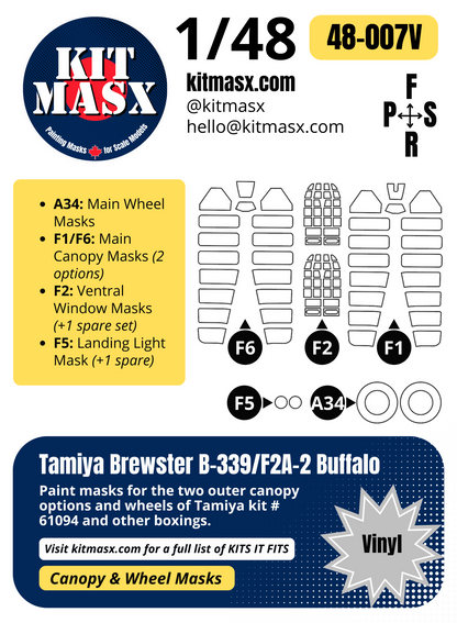 Tamiya Brewster B-339/F2A-2 Buffalo 1/48 Canopy & Wheel Paint Masks, Kit 61094