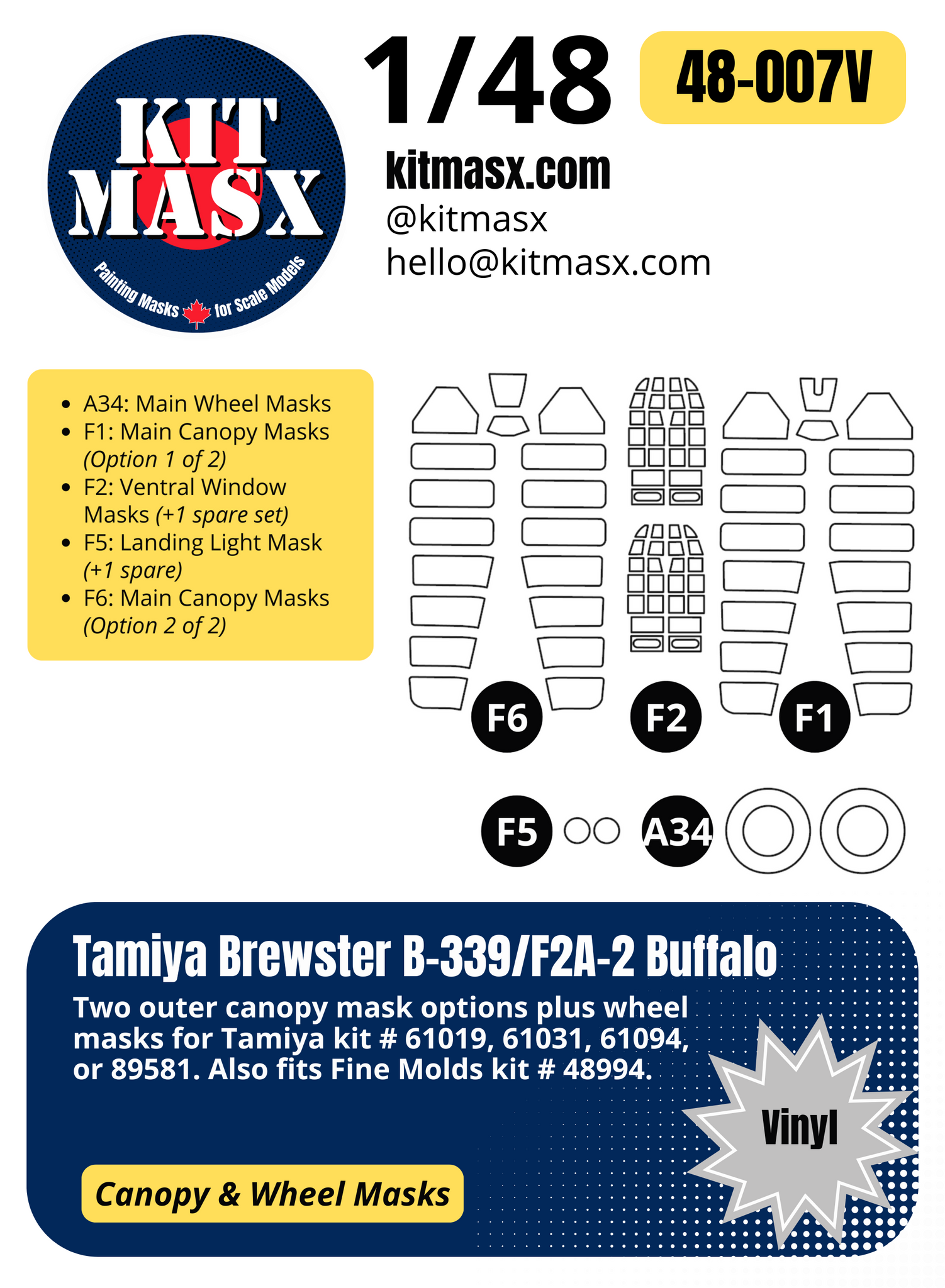 Tamiya Brewster B-339/F2A-2 Buffalo 1/48 Canopy & Wheel Paint Masks