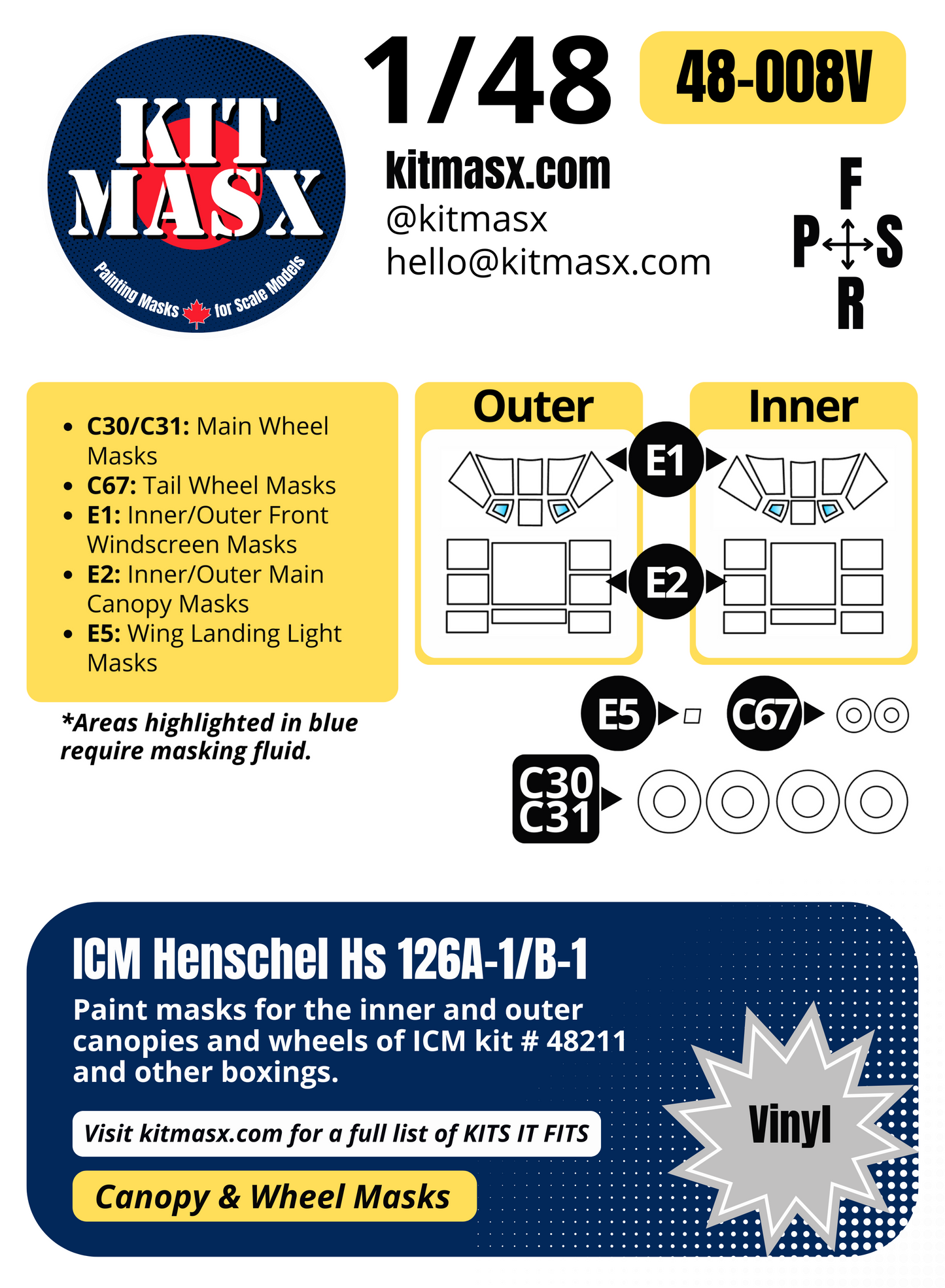 ICM Henschel Hs 126 A-1/B-1 1/48 Canopy & Wheel Paint Masks, Kit # 48211