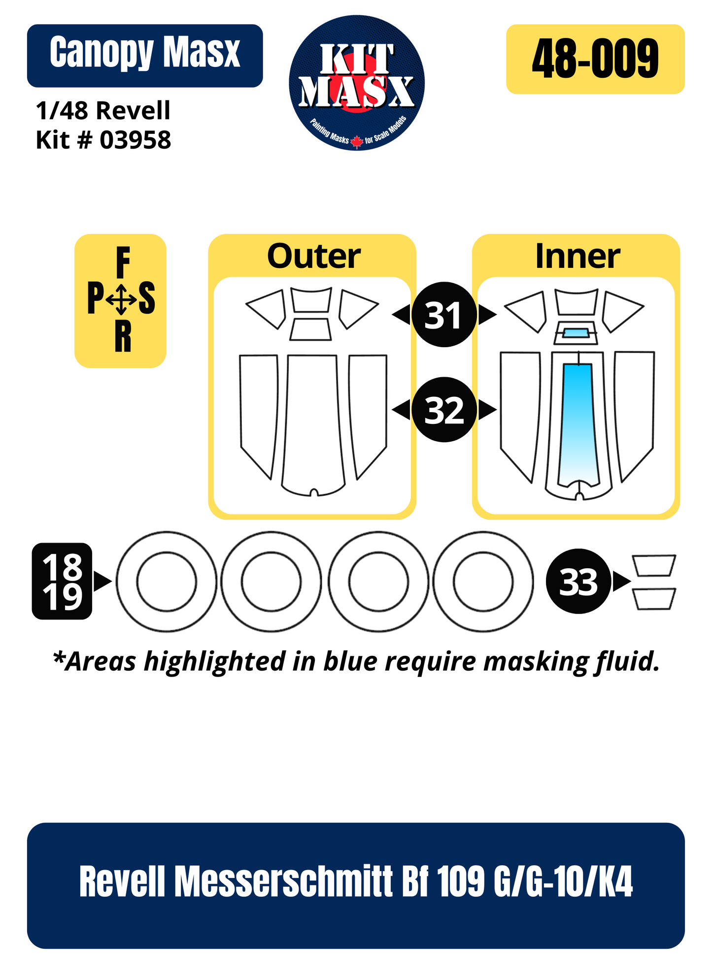 Revell Messerschmitt Bf 109 G/G-10/K4 1/48 Canopy & Wheel Paint Masks, Kit # 03958