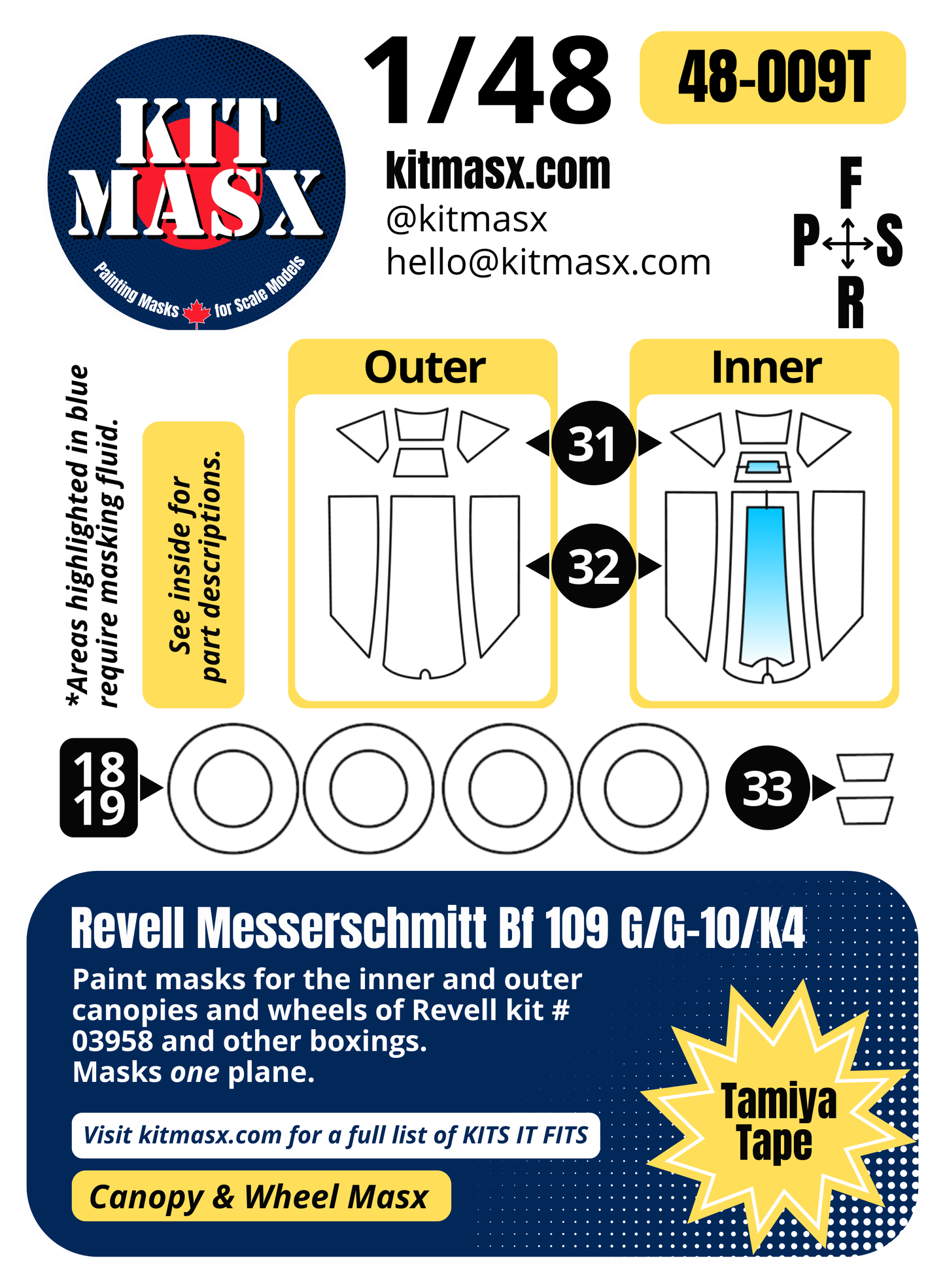 Revell Messerschmitt Bf 109 G/G-10/K4 1/48 Canopy & Wheel Paint Masks, Kit # 03958