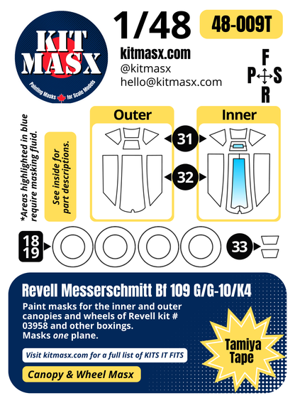 Revell Messerschmitt Bf 109 G/G-10/K4 1/48 Canopy & Wheel Paint Masks, Kit # 03958