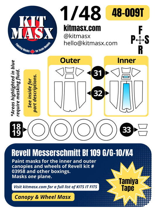 Revell Messerschmitt Bf 109 G/G-10/K4 1/48 Canopy & Wheel Paint Masks, Kit # 03958