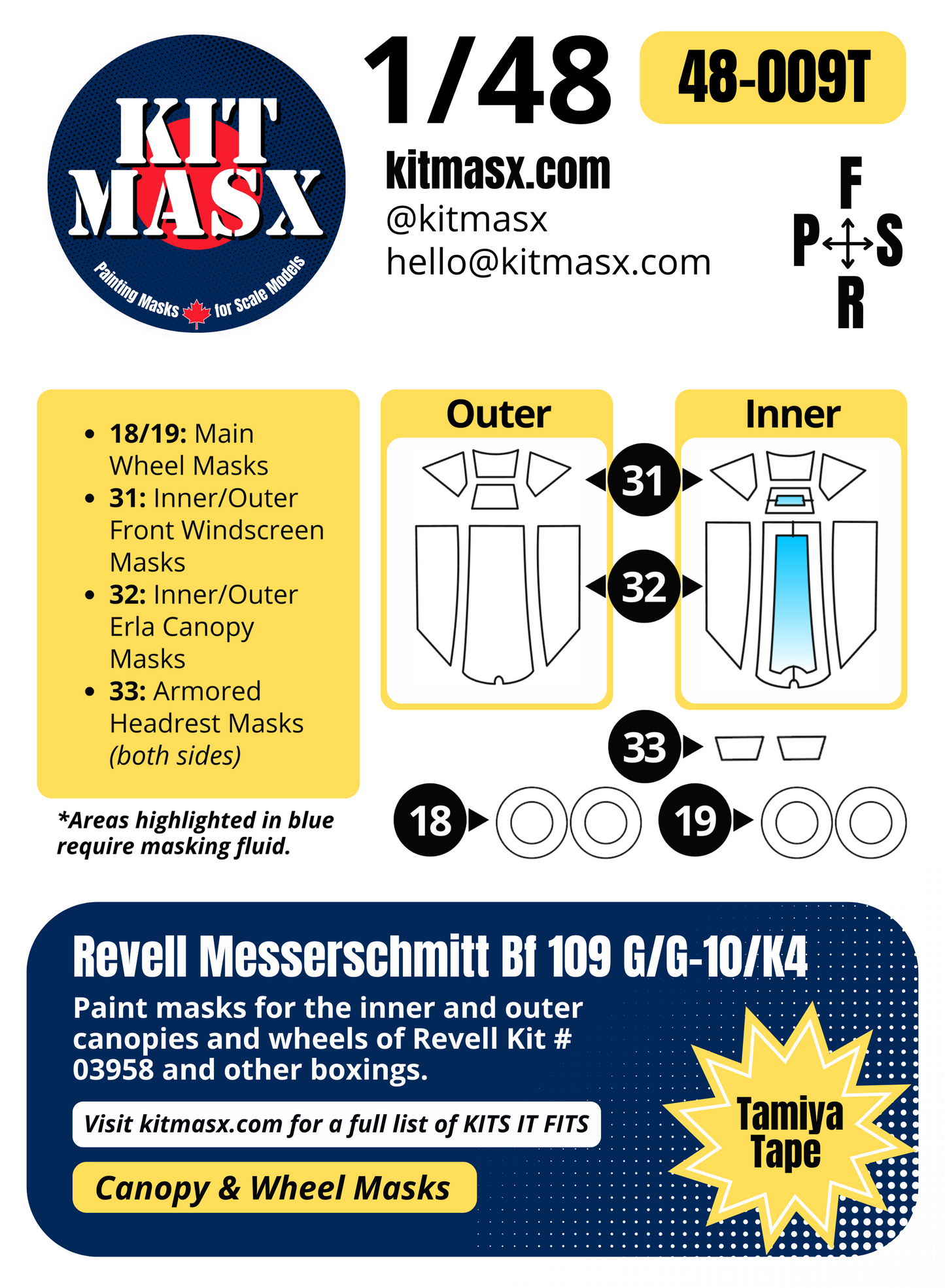 Revell Messerschmitt Bf 109 G/G-10/K4 1/48 Canopy & Wheel Paint Masks, Kit # 03958