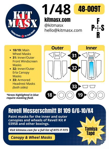 Revell Messerschmitt Bf 109 G/G-10/K4 1/48 Canopy & Wheel Paint Masks, Kit # 03958