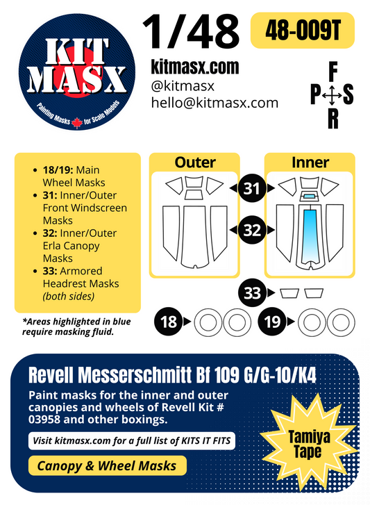Revell Messerschmitt Bf 109 G/G-10/K4 1/48 Canopy & Wheel Paint Masks, Kit # 03958