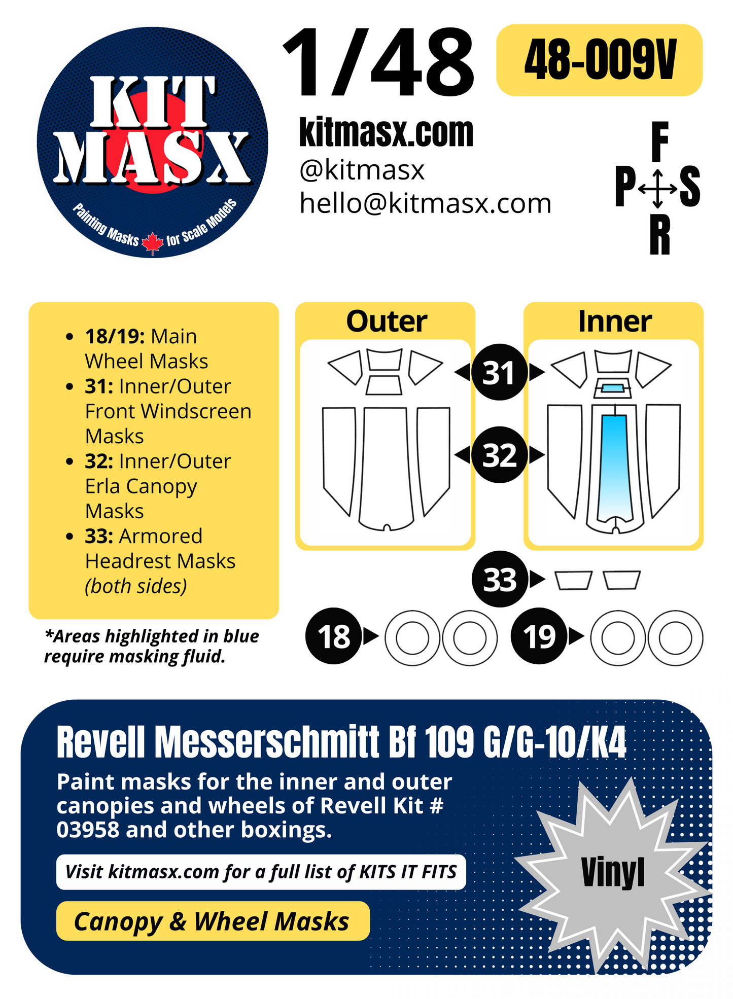 Revell Messerschmitt Bf 109 G/G-10/K4 1/48 Canopy & Wheel Paint Masks, Kit # 03958