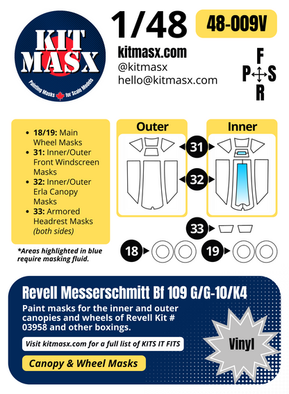 Revell Messerschmitt Bf 109 G/G-10/K4 1/48 Canopy & Wheel Paint Masks, Kit # 03958