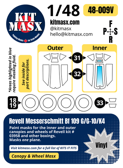 Revell Messerschmitt Bf 109 G/G-10/K4 1/48 Canopy & Wheel Paint Masks, Kit # 03958