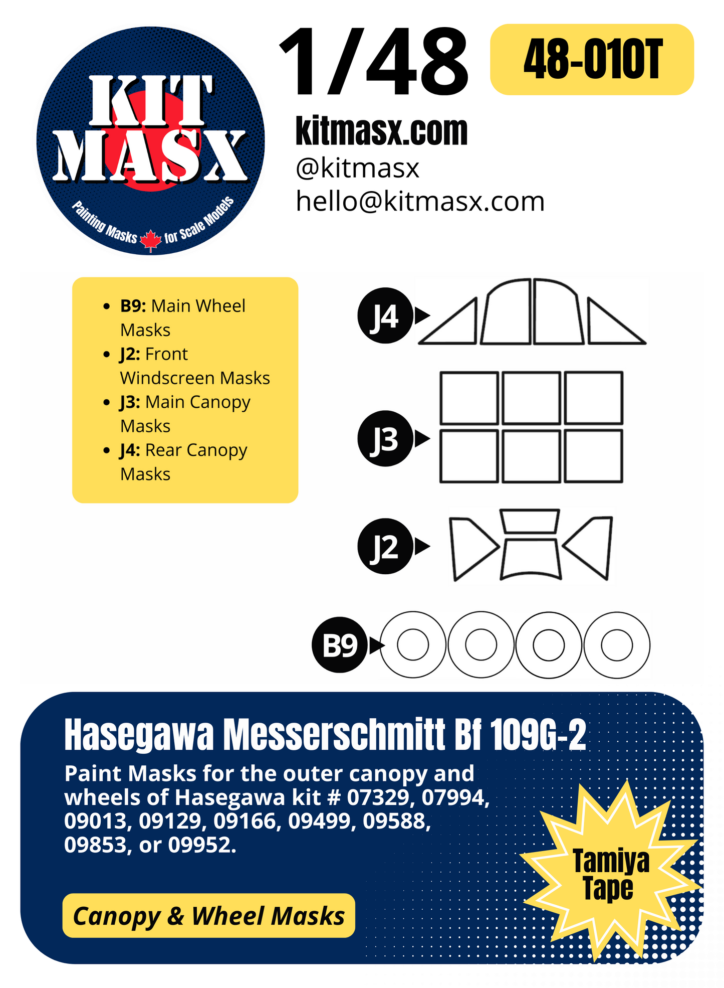Hasegawa Messerschmitt Bf 109G-2 1/48 Canopy & Wheel Paint Masks, Kit # 09013