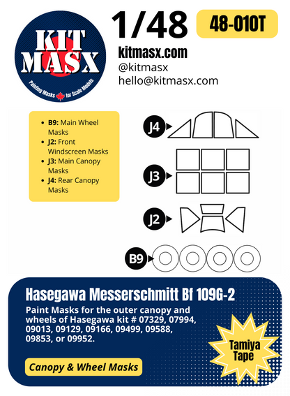 Hasegawa Messerschmitt Bf 109G-2 1/48 Canopy & Wheel Paint Masks, Kit # 09013