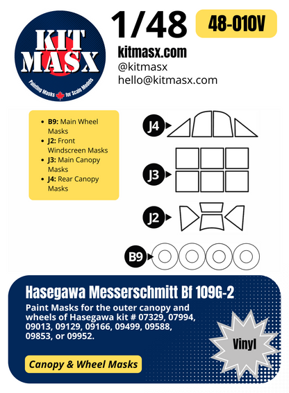 Hasegawa Messerschmitt Bf 109G-2 1/48 Canopy & Wheel Paint Masks, Kit # 09013