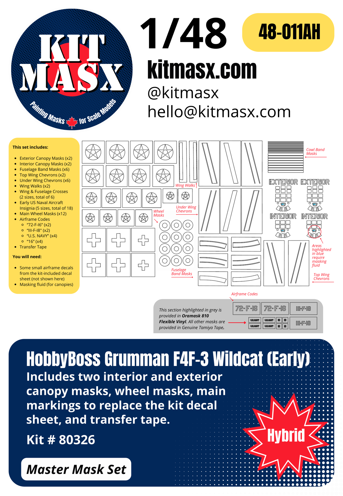 HobbyBoss F4F-3 Wildcat (Early) 1/48 All-in-One Master Mask Set, Kit # 80326