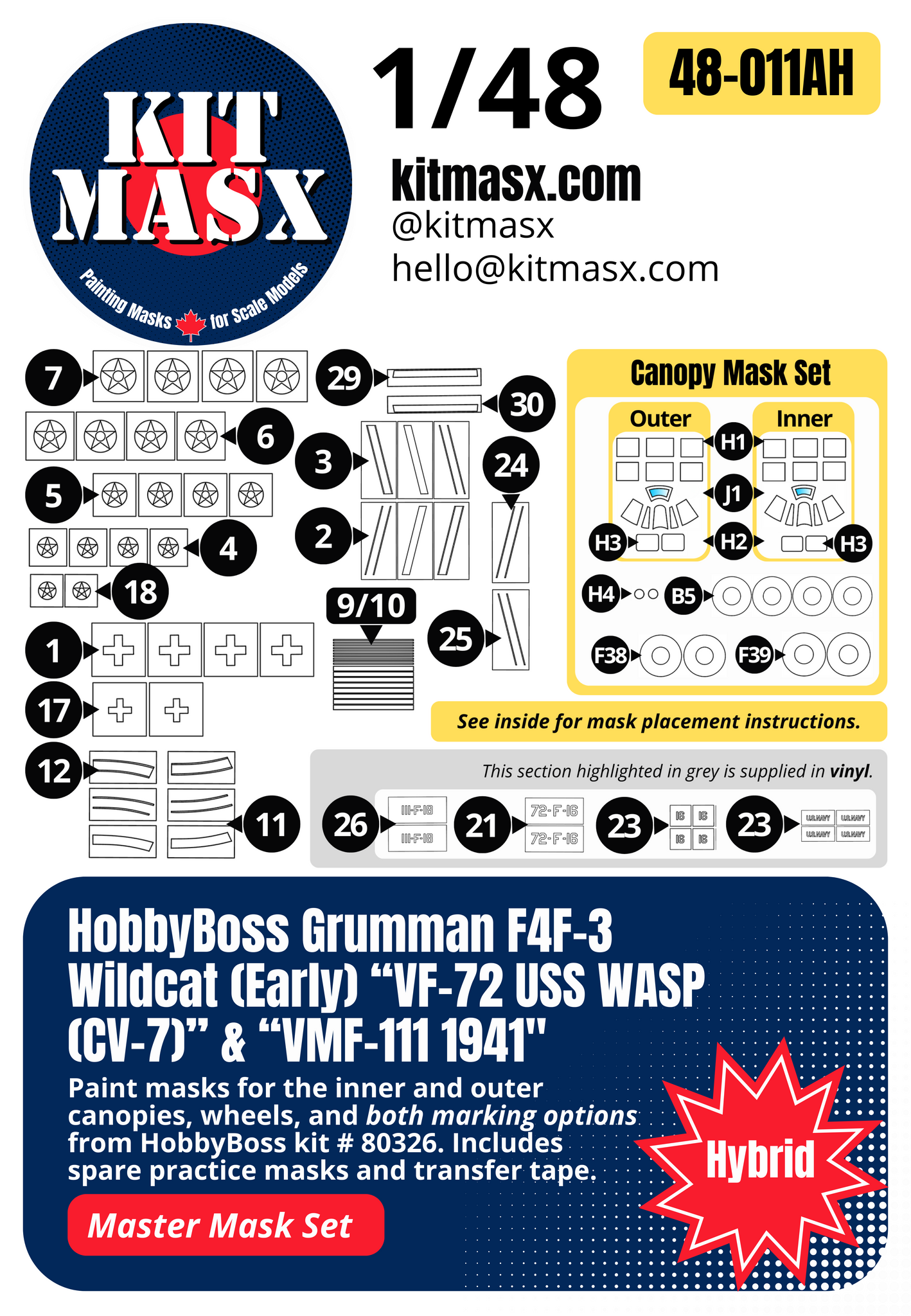 HobbyBoss Grumman F4F-3 Wildcat (Early) “VF-72 USS WASP (CV-7)” & “VMF-111 1941" 1/48 All-in-One Master Mask Set, Kit # 80326