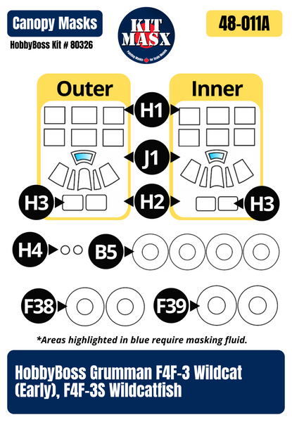 HobbyBoss Grumman F4F-3 Wildcat (Early) “VF-72 USS WASP (CV-7)” & “VMF-111 1941" 1/48 All-in-One Master Mask Set, Kit # 80326