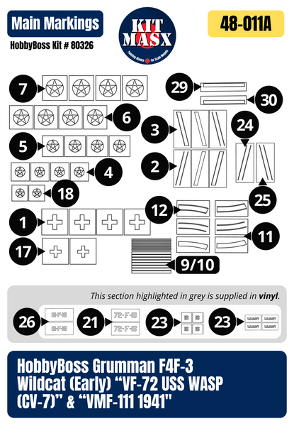 HobbyBoss Grumman F4F-3 Wildcat (Early) “VF-72 USS WASP (CV-7)” & “VMF-111 1941" 1/48 All-in-One Master Mask Set, Kit # 80326