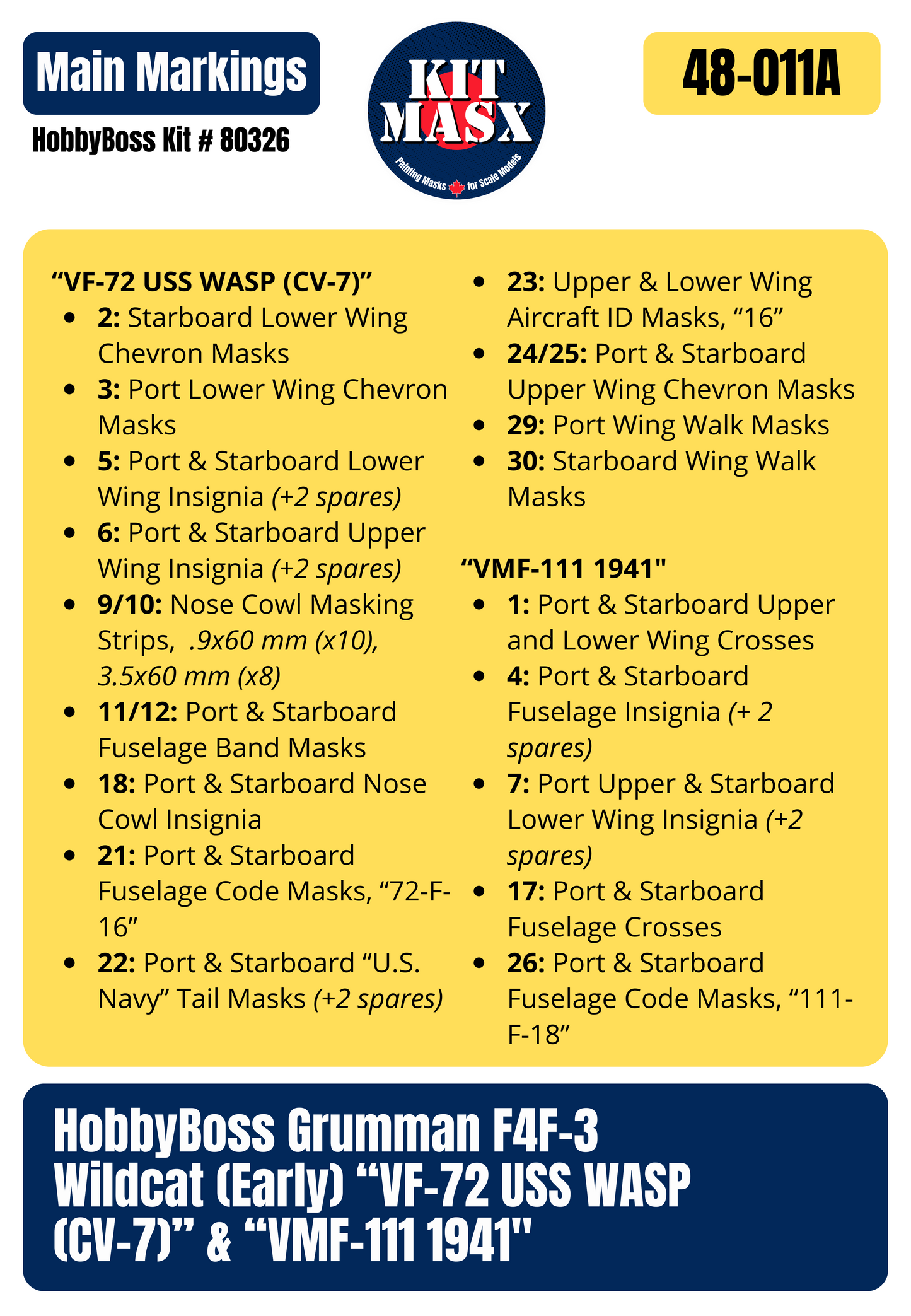 HobbyBoss Grumman F4F-3 Wildcat (Early) “VF-72 USS WASP (CV-7)” & “VMF-111 1941" 1/48 All-in-One Master Mask Set, Kit # 80326