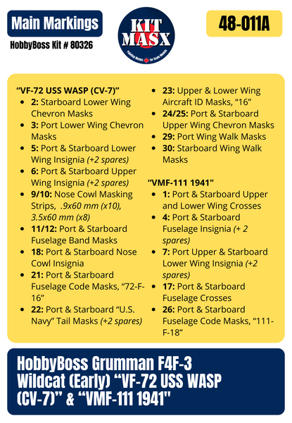 HobbyBoss Grumman F4F-3 Wildcat (Early) “VF-72 USS WASP (CV-7)” & “VMF-111 1941" 1/48 All-in-One Master Mask Set, Kit # 80326