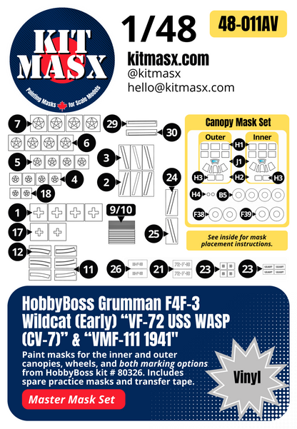 HobbyBoss Grumman F4F-3 Wildcat (Early) “VF-72 USS WASP (CV-7)” & “VMF-111 1941" 1/48 All-in-One Master Mask Set, Kit # 80326