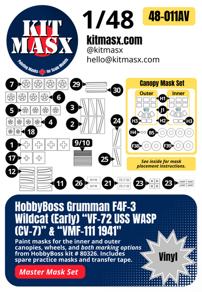 HobbyBoss Grumman F4F-3 Wildcat (Early) “VF-72 USS WASP (CV-7)” & “VMF-111 1941" 1/48 All-in-One Master Mask Set, Kit # 80326