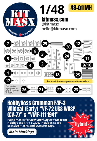 HobbyBoss Grumman F4F-3 Wildcat (Early) “VF-72 USS WASP (CV-7)” & “VMF-111 1941" 1/48 Main Marking Paint Masks, Kit # 80326