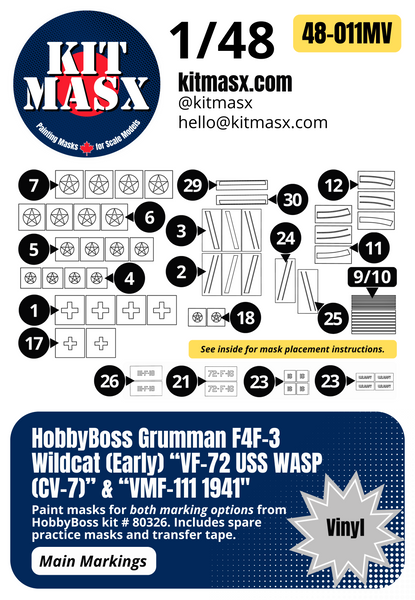 HobbyBoss Grumman F4F-3 Wildcat (Early) “VF-72 USS WASP (CV-7)” & “VMF-111 1941" 1/48 Main Marking Paint Masks, Kit # 80326