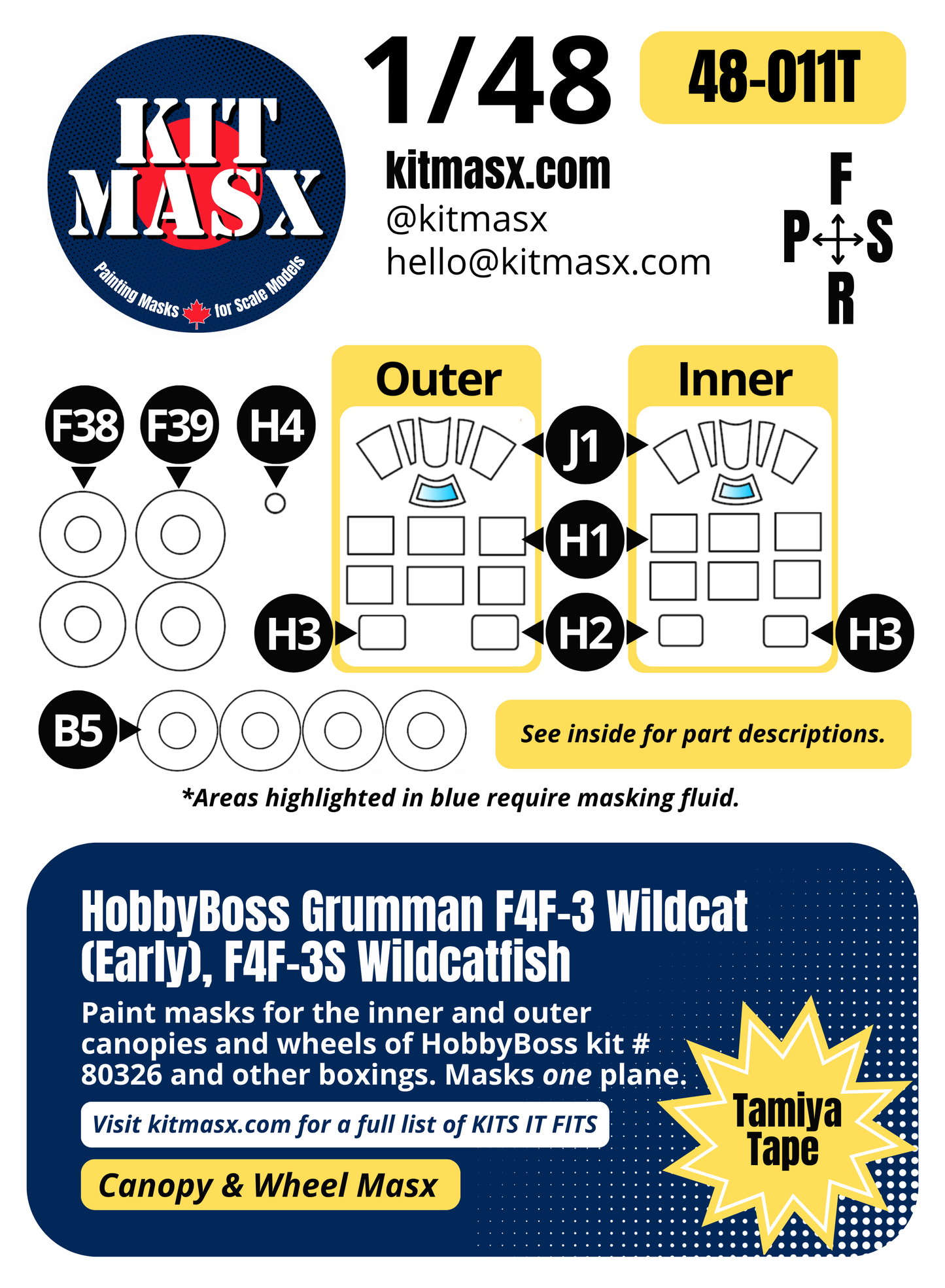 HobbyBoss Grumman F4F-3 Wildcat (Early), F4F-3S Wildcatfish 1/48 Canopy & Wheel Paint Masks, Kit 80326