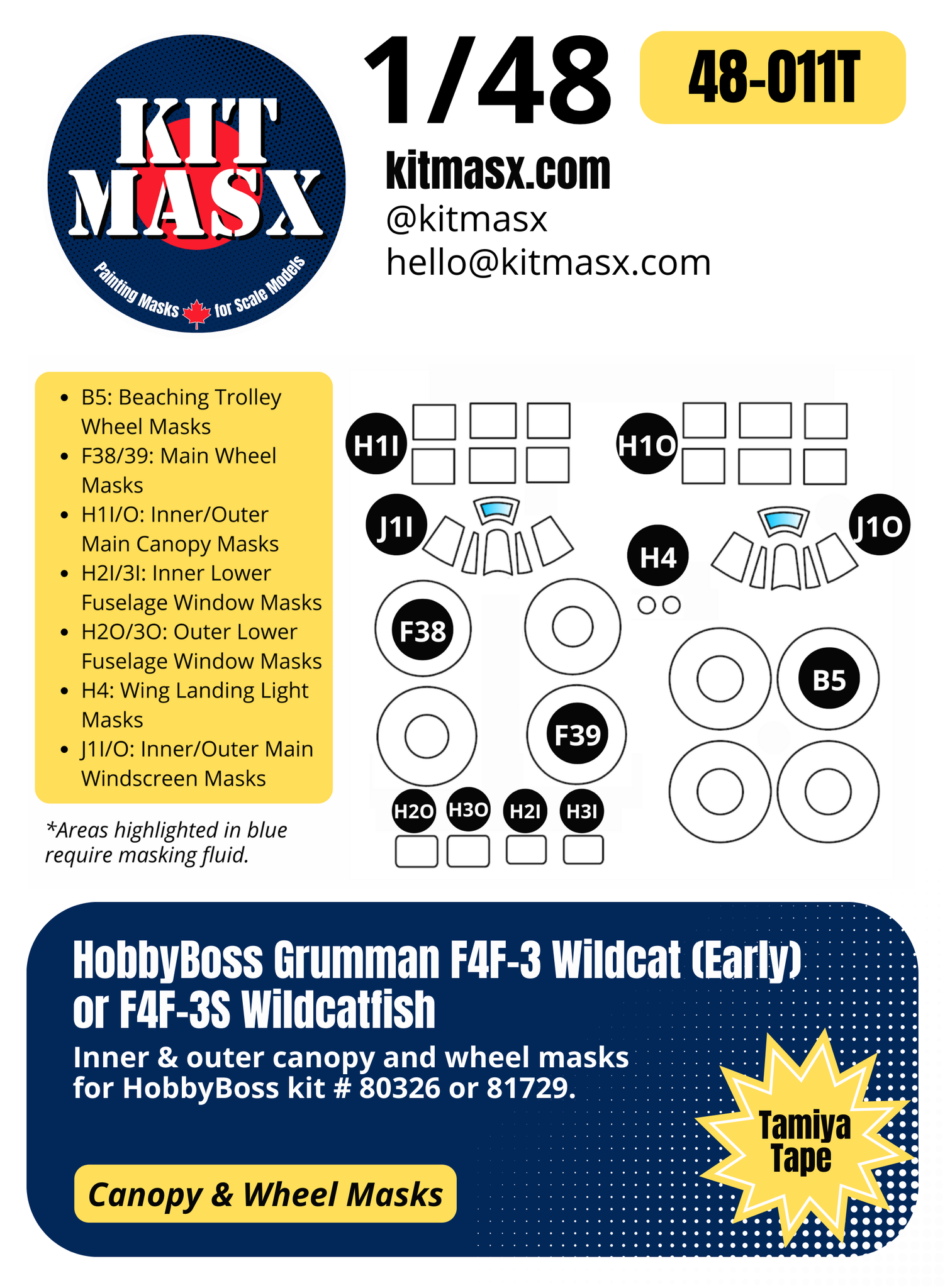 HobbyBoss Grumman F4F-3 Wildcat (Early) or F4F-3S Wildcatfish 1/48 Canopy & Wheel Paint Masks, Kit 80326