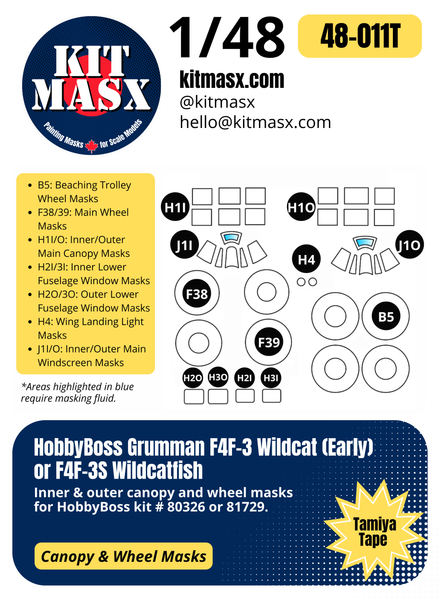 HobbyBoss Grumman F4F-3 Wildcat (Early) or F4F-3S Wildcatfish 1/48 Canopy & Wheel Paint Masks, Kit 80326