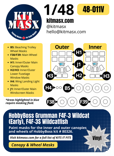 HobbyBoss Grumman F4F-3 Wildcat (Early), F4F-3S Wildcatfish 1/48 Canopy & Wheel Paint Masks, Kit 80326